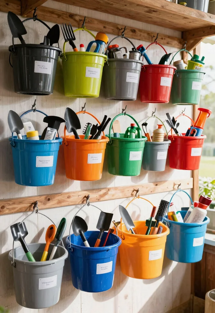 25 Genius Shed Storage Ideas to Organize Your Space 25. Bucket Storage for Tools and Supplies 0