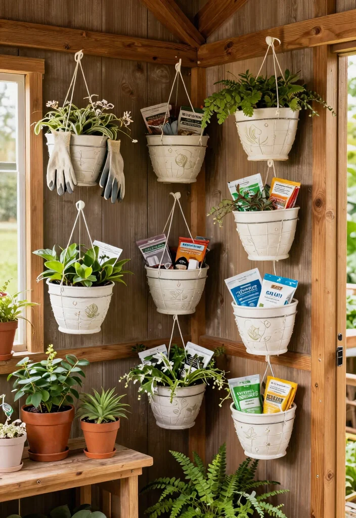 25 Genius Shed Storage Ideas to Organize Your Space 5. Hanging Baskets for Garden Supplies 0
