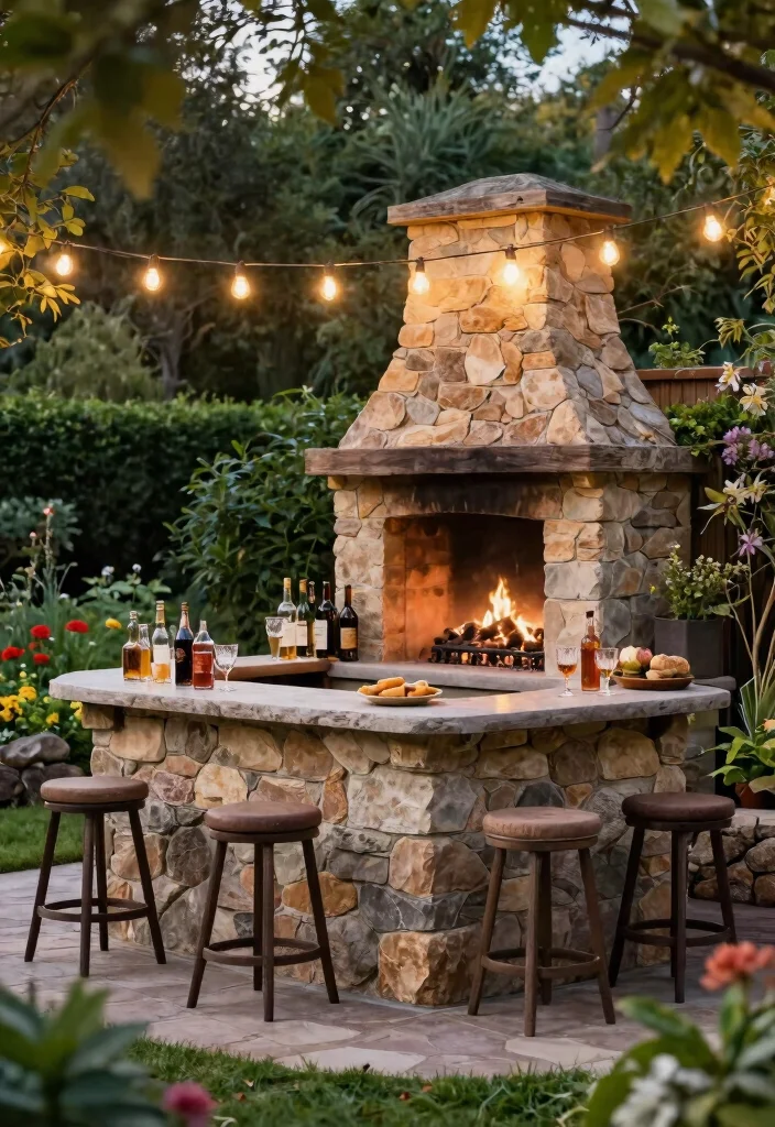 7 Smart Outdoor Fireplace with Counter Top Designs 1. Rustic Stone Fireplace with Integrated Bar Counter 0