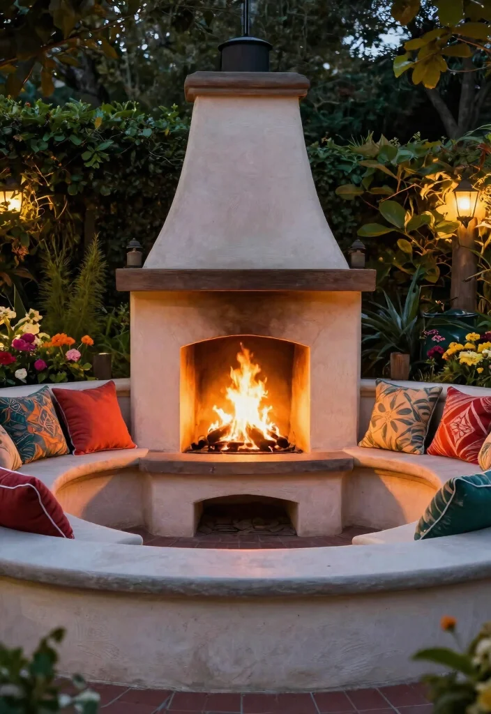 7 Smart Outdoor Fireplace with Counter Top Designs 6. Circular Outdoor Fireplace with Surrounding Counter Seating 0