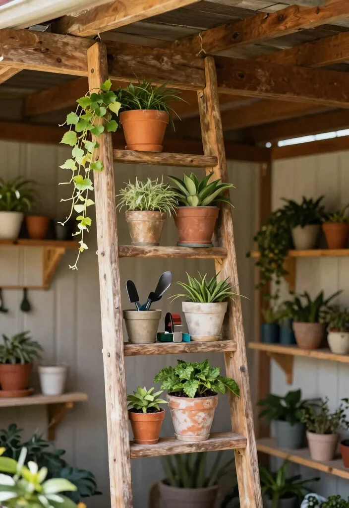 9 Brilliant Shed Ceiling Storage Ideas Hidden Space 5. Ladders Transformed into Shelves 0