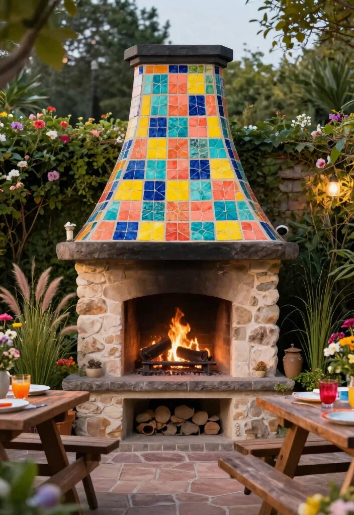 9 Custom Outdoor Fireplace Chimney Cap Ideas 5. Decorative Tile Cap 0