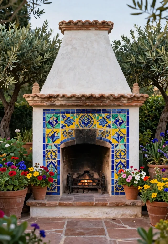 9 Elegant Outdoor Stucco Fireplace Ideas for Mediterranean Inspired Spaces 3. Mediterranean Mosaic Masterpiece 0
