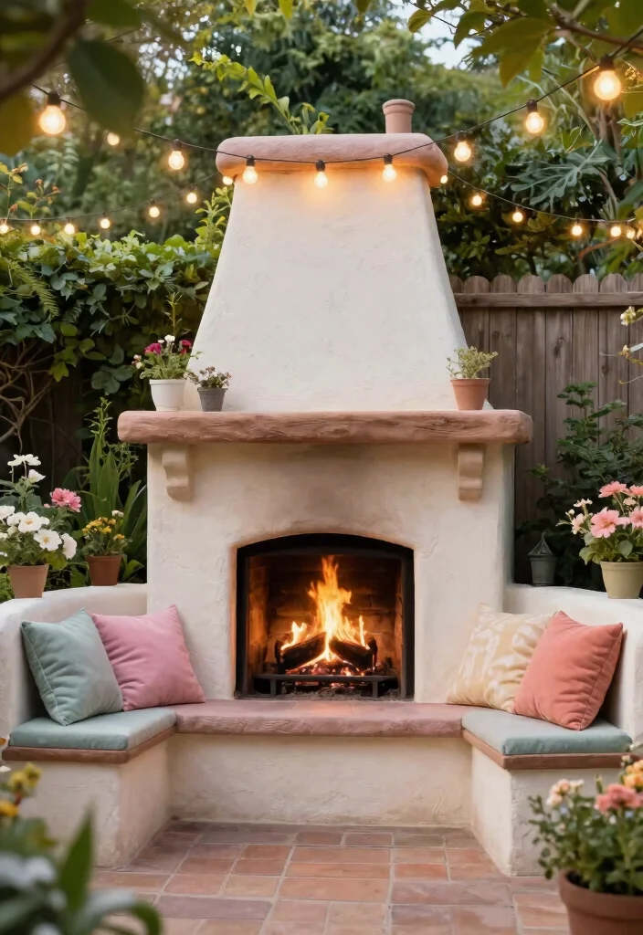 9 Elegant Outdoor Stucco Fireplace Ideas for Mediterranean Inspired Spaces 4. Cozy Cottage Style with Built In Seating 0