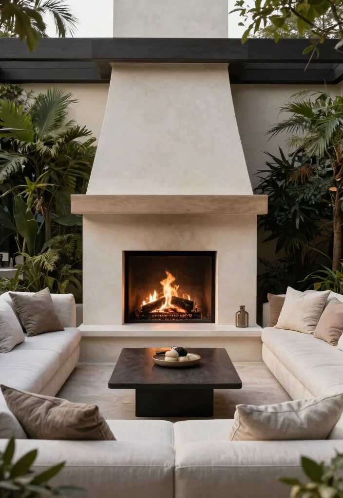 9 Elegant Outdoor Stucco Fireplace Ideas for Mediterranean Inspired Spaces 6. Luxurious Outdoor Lounge with an Integrated Fireplace 0