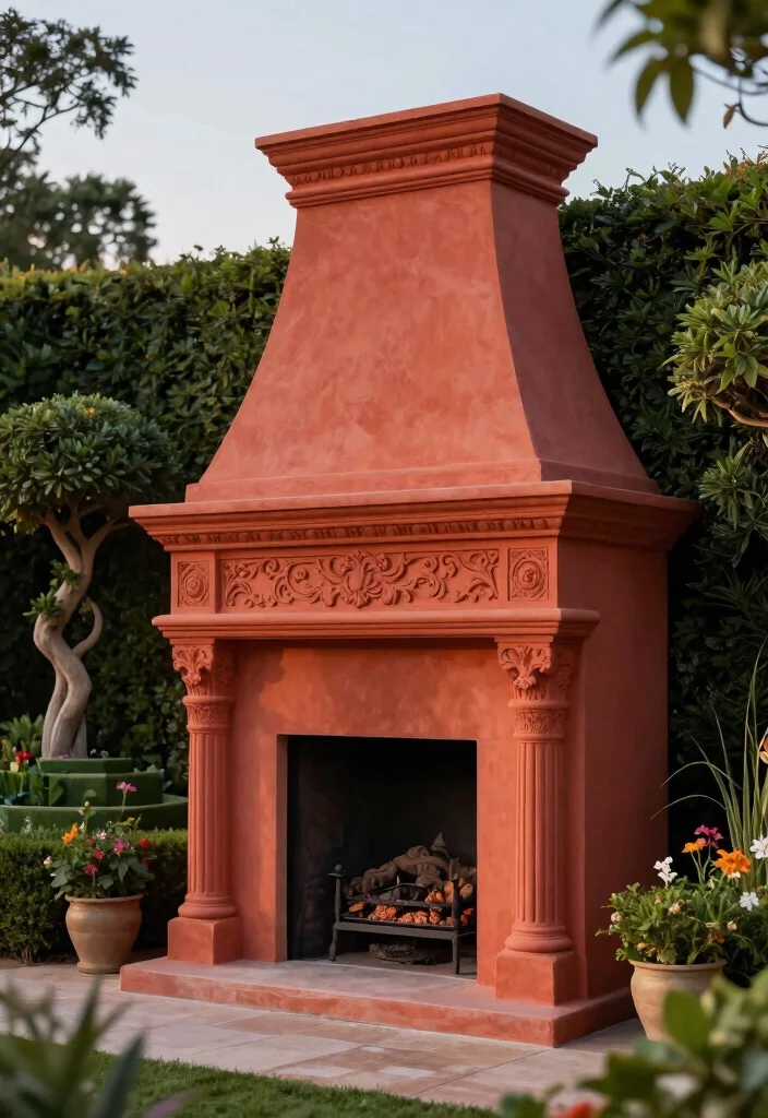 9 Elegant Outdoor Stucco Fireplace Ideas for Mediterranean Inspired Spaces 7. Dramatic Statement Piece with Elevated Design 0