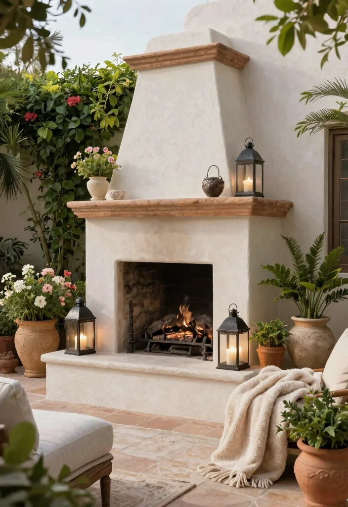 9 Elegant Outdoor Stucco Fireplace Ideas for Mediterranean Inspired Spaces 9. Elegant Outdoor Decor with Accessory Accents 0