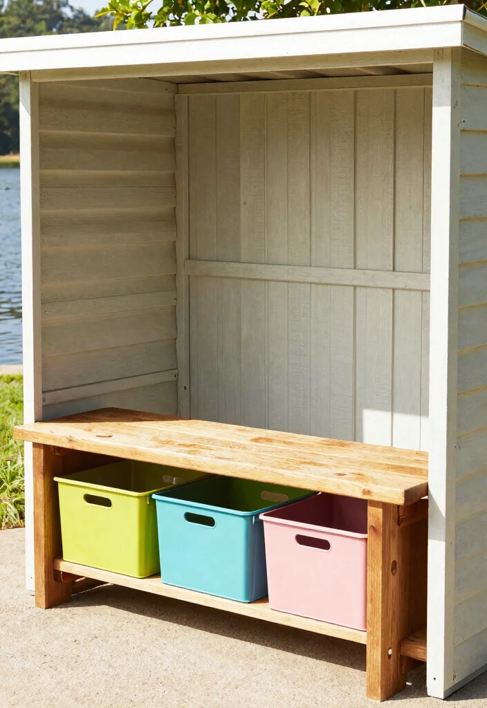 9 Relaxing Lake Shed Storage Ideas for Water Toys 5. Under Bench Storage 0