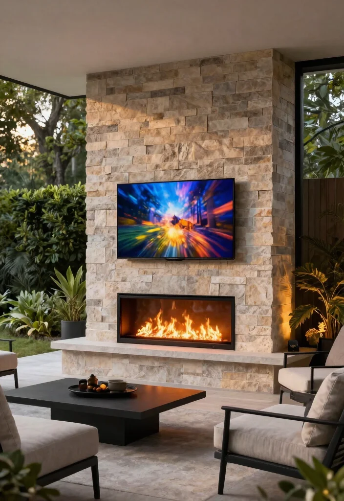 9 Smart Outdoor Electric Fireplace Ideas with TV 1. Sleek Built In Fireplace and TV Combo 0
