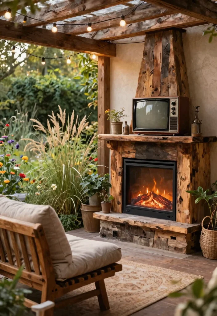 9 Smart Outdoor Electric Fireplace Ideas with TV 2. Rustic Charm with Wooden Accents 0