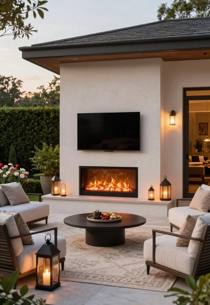 9 Smart Outdoor Electric Fireplace Ideas with TV 6. Luxe Patio Retreat 0