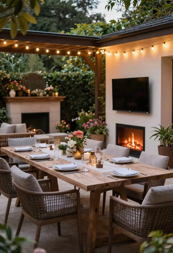 9 Smart Outdoor Electric Fireplace Ideas with TV 8. Outdoor Dining with Ambiance 0