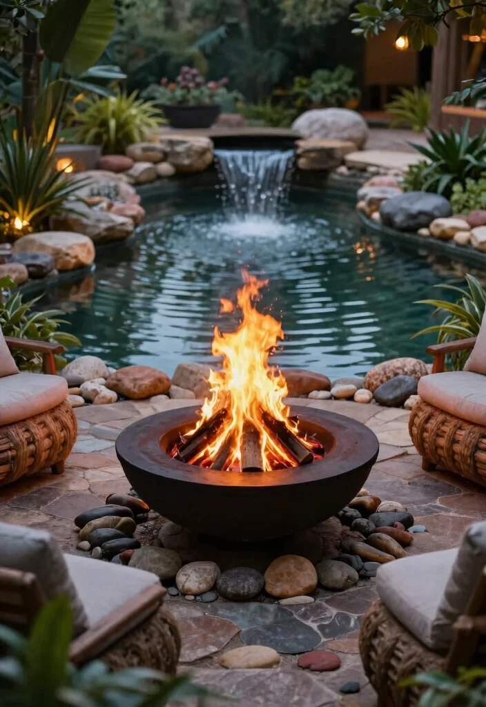 15 Ultimate Fireplace Concepts: Outdoor Fire Pits Style 8. Fire Pit with Water Feature
